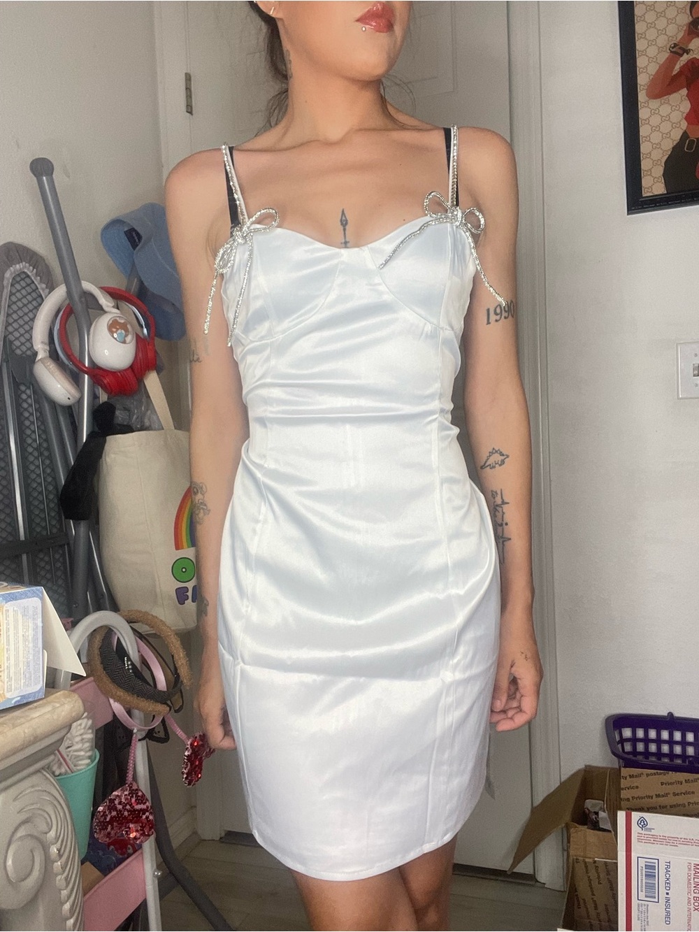 COLLECTIVE THE LABEL White Satin Mini Dress XS Rhinestone Bow Strappy Sweetheart
